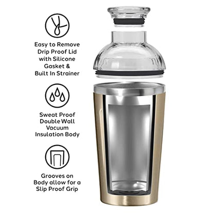 Oggi Groove Insulated Cocktail Shaker-17oz Double Wall Vacuum Insulated Stainless Steel Shaker, Tritan Lid has Built In Strainer, Ideal Cocktail, Martini Shaker, Margarita Shaker, Gold (7404.4)