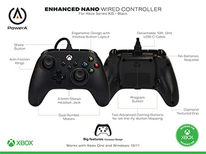 PowerA Nano Enhanced Wired Controller for Xbox Series X|S - Black, portable, compact, gamepad, wired video game controller, gaming controller, works with Xbox One and Windows 10/11, Officially Licensed for Xbox