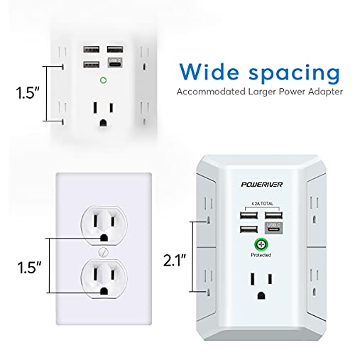 USB Wall Charger,POWERIVER Multi Outlet Extender Surge Protector with 4 USB Ports(1 USB C,4.2A Total) 1680J Power Strip Multi Plug Wall Outlet Adapter Spaced for Home School Office,ETL Listed,White