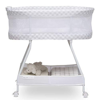 Delta Children Sweet Dreams Bassinet with Airflow Mesh Bedside Portable Crib with Vibration Lights and Music, Grey Infinity