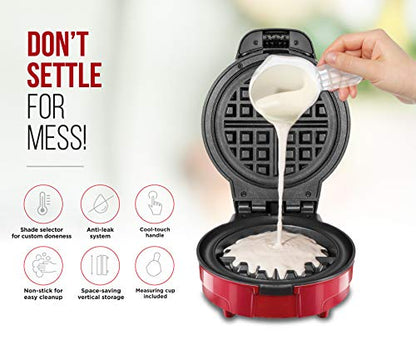 Chefman Anti-Overflow Belgian Waffle Maker w/Shade Selector, Temperature Control Mess Free Moat, Round Iron w/Nonstick Plates & Cool Touch Handle, Measuring Cup Included, Red