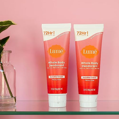 Lume Whole Body Deodorant - Invisible Cream Tube - 72 Hour Odor Control - Aluminum Free, Baking Soda Free, Skin Safe - 3.0 ounce (Pack of 2) (Peony Rose)