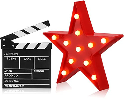 Movie Film Clap Board Film Movie Clapboard Accessory And Movie Theater Decor Marquee Light Star Shaped LED Plastic Sign for Movie Night Party Supplies