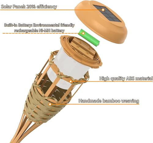 Evelynsun Flickering Flames Solar Powered Lights - Upgraded Solar Torches Waterproof Outdoor Decorative Lighting Auto On/Off, Handmade Bamboo Finish, 2-Pack