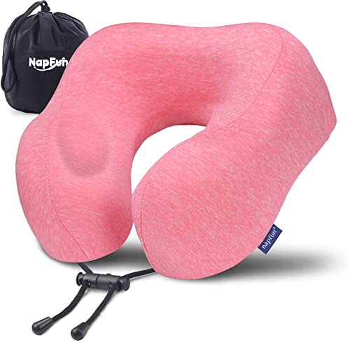 napfun Neck Pillow for Traveling, Upgraded Travel Neck Pillow for Airplane 100% Pure Memory Foam Travel Pillow for Flight Headrest Sleep, Portable Plane Accessories, Rose