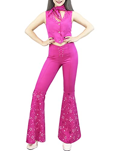 Naywig Cowgirl Outfit 70s 80s Hippie Disco Costume Pink Flare Pant Halloween Cosplay For Women Girls-Medium