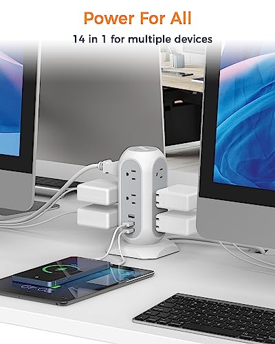 Tower Power Strip with 11 Outlets 3 USB Chargers, TESSAN Surge Protector Tower 1875W/15A, 6 Feet Extension Cord with Multiple Outlets, Flat Plug, Office Supplies, Desk Accessories, Dorm Essentials