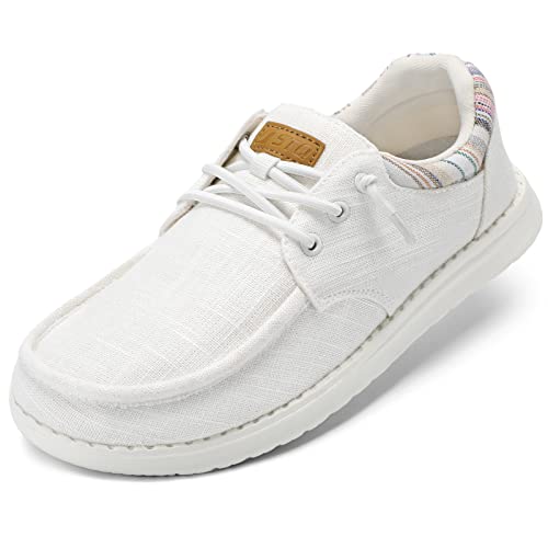 STQ Women's Slip on Boat Shoes with Arch Support Comfortable Canvas Loafers for All Day Standing White US 7.5