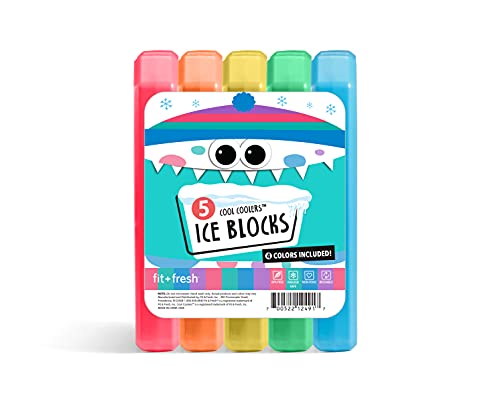 Cool Coolers by Fit Fresh, 5 Pack Days of the Week Ice Blocks, Compact Reusable Ice Packs for Lunch Boxes & Coolers, Multi Colored