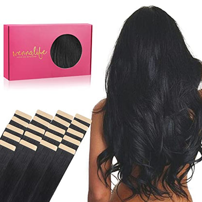 WENNALIFE Tape in Hair Extensions Human Hair, 20pcs 50g 16 inch Jet Black Remy Hair Extensions Straight Human Hair Tape in Extensions Skin Weft Tape Extensions Human Hair