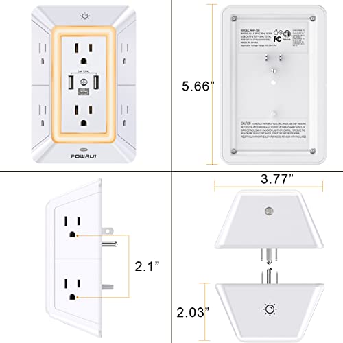 Surge Protector USB Outlet Extender - POWRUI Multi Plug with 6 Outlet Splitter and 3 USB Charging Ports and Night Light,3-Sided Power Strip with Adapter Spaced Outlets - White,ETL