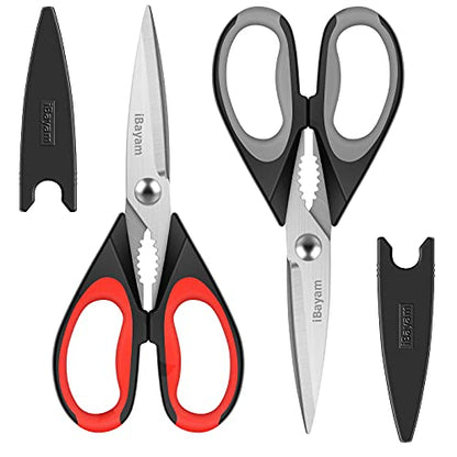 iBayam Kitchen Scissors/Shears Heavy Duty Meat Shears, Dishwasher Safe Food Cooking Poultry Scissors All Purpose Stainless Steel Utility Scissors, 2-Pack (Black Red, Black Gray)