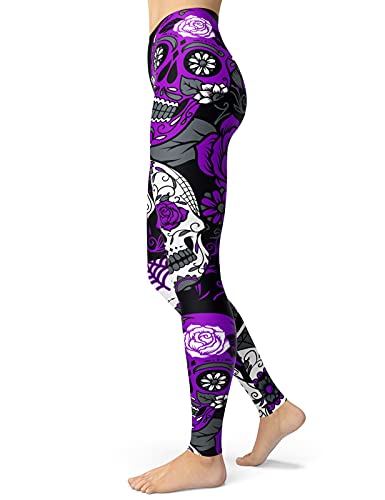 sissycos Women's Sugar Skull Leggings Buttery Soft Rose Printed Halloween Stretchy Pants (Large, Purple)