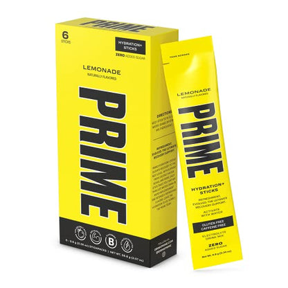 Prime Hydration+ Stick Pack | LEMONADE | 6 Sticks | Electrolyte Drink Mix | 10% Coconut Water | 250mg BCAAs | Antioxidants | Naturally Flavored | Zero Added Sugar | Easy Open Single-Serve Sticks