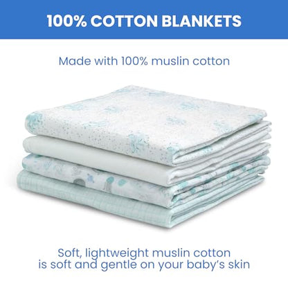 Delta Children 100% Cotton Muslin Baby Receiving Blankets for Girls and Boys – 47x47 Inches (Pack of 4), Sea Life