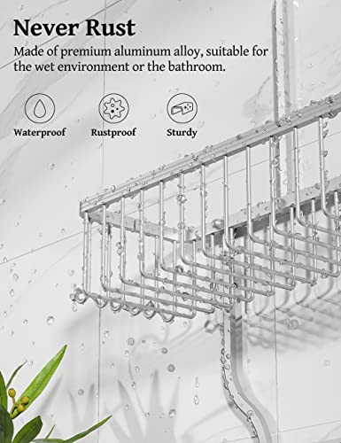 YASONIC Hanging Shower Caddy Over Shower Head with 10 Hooks for Razor/Sponge, Soap Basket Never Rust Aluminum , Large - Silver