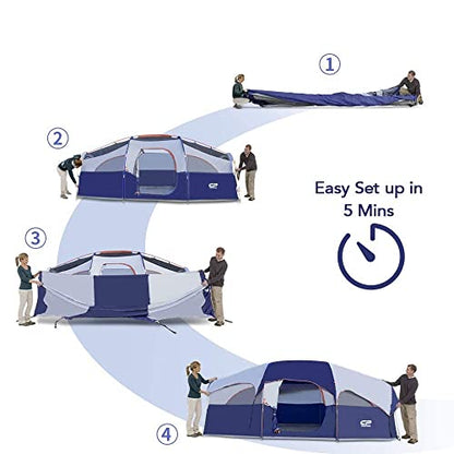 CAMPROS CP Tent-8-Person-Camping-Tents, Waterproof Windproof Family Tent, 5 Large Mesh Windows, Double Layer, Divided Curtain for Separated Room, Portable with Carry Bag - Blue