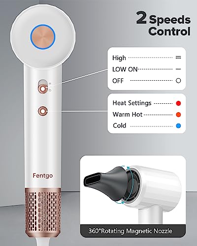 Fentgo Ionic Hair Dryer, Professional High Speed Blow Dryer with Brushless Motor for Fast Drying, Smooth Nozzle, Low Noise, Lightweight, Thermo-Control Bowdryer for Women Home Travel (White)