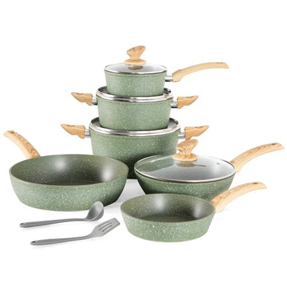 Kitchen Academy Induction Cookware Sets - 12 Piece Green Cooking Pan Set, Granite Nonstick Pots and Pans Set