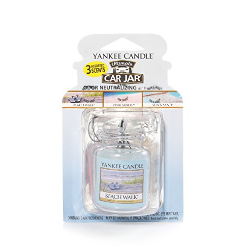 Yankee Candle Car Air Fresheners, Hanging Car Jar® Ultimate 3-Pack, Neutralizes Odors Up To 30 Days, Includes: 1 Beach Walk, 1 Pink Sands, and 1 Sun and Sand (Pack of 3)