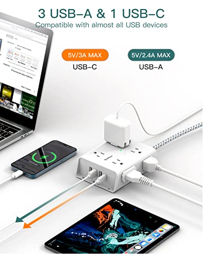 Surge Protector Power Strip - 8 Widely Outlets with 4 USB Ports(1 USB C Outlet), Addtam 3-Side Outlet Extender Strip with 5Ft Extension Cord, Flat Plug, Wall Mount for Dorm Home Office, ETL Listed