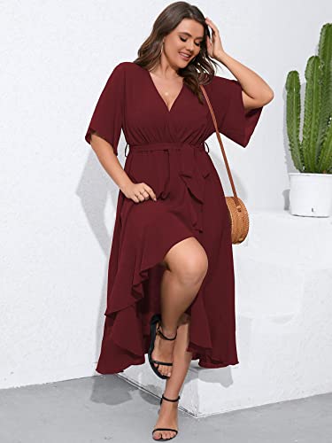 SCOMCHIC Plus Size Cocktail Dresses for Women Wrap V Neck Split High Low Split Burgundy Maxi Dress with Belt 2XL