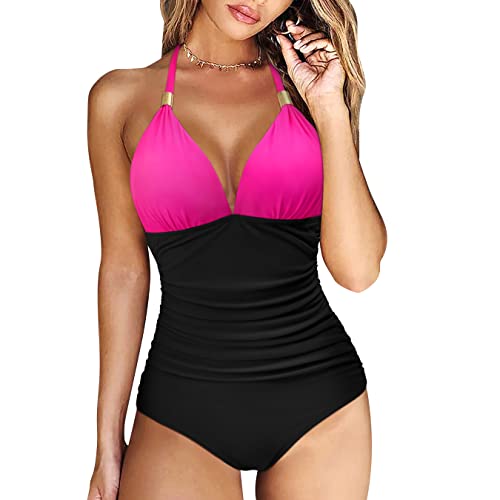 RXRXCOCO V Neck One Piece Swimsuits for Women Tummy Control Ruched Swimwear Halter Bathing Suit for Women Black and Hot Pink Large