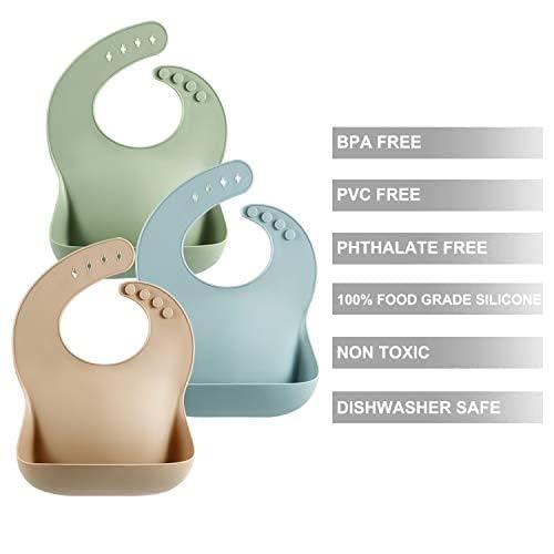 Set of 3 Silicone Baby Bibs by PandaEar - Waterproof, Soft, Unisex, 10-72 Months (Brown/Blue/Green)