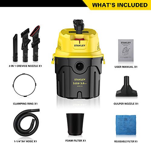 Stanley SL18910P-3 Wet/Dry, 3 Gallon, 3 Horsepower, Portable Car Vacuum, 3.0 HP AC, Black+Yellow