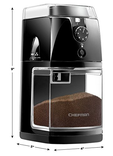 Chefman Coffee Grinder Electric Burr Mill - Freshly Grinds Up to 2.8oz Beans, Large Hopper with 17 Grinding Options for 2-12 Cups, Easy One Touch Operation, Cleaning Brush Included, Black