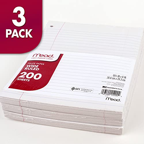 Mead Loose Leaf Paper, Notebook Paper, Wide Ruled Filler Paper, Standard, 8 x 10.5, 200 Sheets per Pack (73183), Pack of 3 White