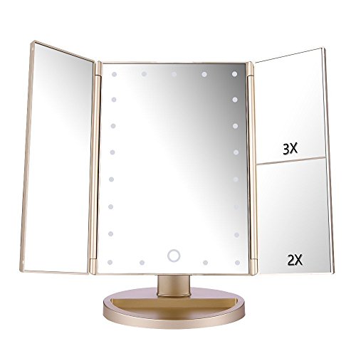 deweisn Floor Mount Tri-Fold Lighted Vanity Mirror with 21 LED Lights, Touch Screen and 3X/2X/1X Magnification, Two Power Supply Modes Make Up Mirror,Travel Mirror