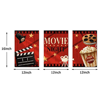 Apicoture Home Theater Wall Decor Movie Night Sign Canvas Wall Art Prints Movie Film Reels Popcorn Lamplight Painting Prints Media Room Home Cinema Wall Framed 12"x16"x3 Pieces