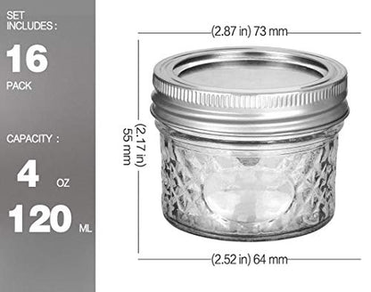 VERONES Mason/Canning Jars, 4 OZ Jelly Jars With Regular Lids and Bands, Ideal for Jam, Honey, Wedding/Shower Favors, DIY Spice Jars, 16 PACK, Extra 16 Lids