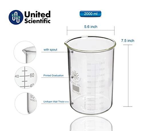 United Scientific™ BG1000-2000 Borosilicate Laboratory Grade Glass Beakers | Griffin Style Low Form Beaker | Graduated with Spout | Designed for Laboratories & Chemistry Classrooms | 2,000mL | 1 Each