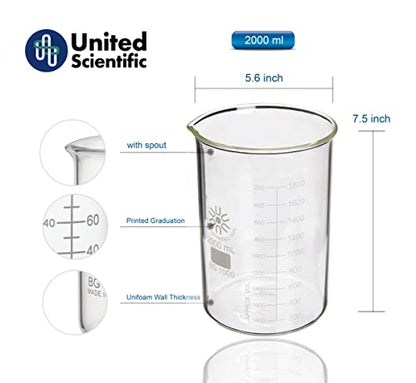 United Scientific™ BG1000-2000 Borosilicate Laboratory Grade Glass Beakers | Griffin Style Low Form Beaker | Graduated with Spout | Designed for Laboratories & Chemistry Classrooms | 2,000mL | 1 Each