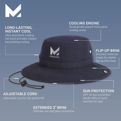 MISSION Cooling Bucket Hat, UPF 50, 3" Wide Brim Sun Hat - Cools When Wet, UPF 50 (Navy)