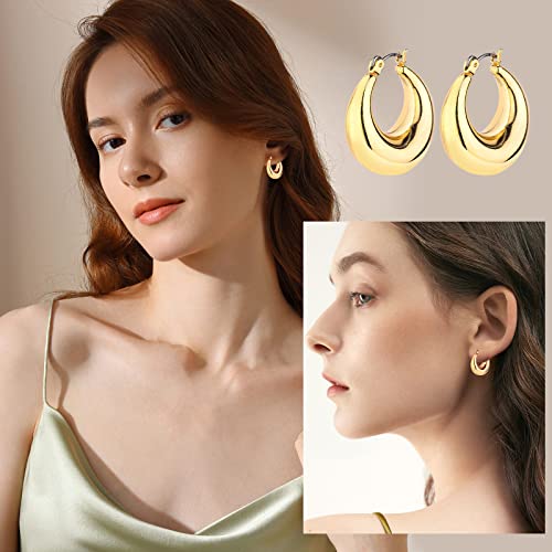 Gold Chunky Hoop Earrings Set for Women, 14K Gold Plated Twisted Huggie Hoop Earring Hypoallergenic, Thick Open Hoops Set Lightweight (3 gold hoop chunky)