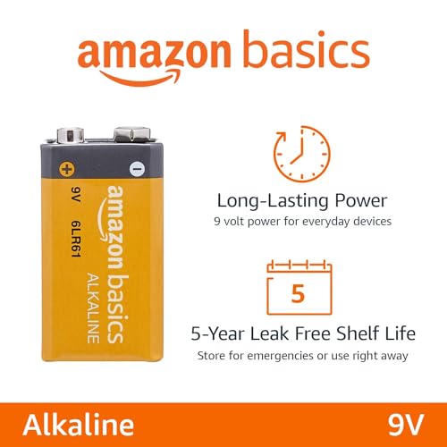 Amazon Basics 4-Pack 9 Volt Alkaline Everyday Batteries, 5-Year Shelf Life