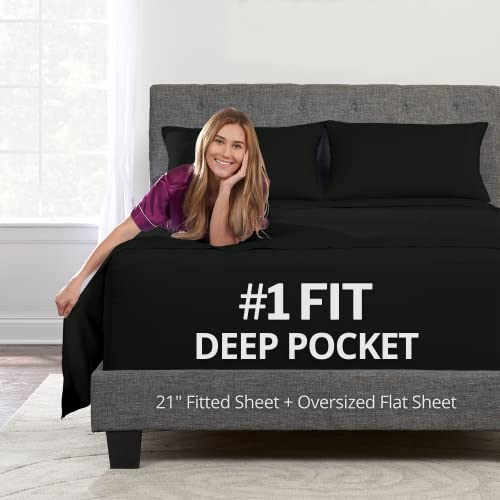 Twin XL Sheets Deep Pockets – 21” Twin XL Deep Pocket Sheets – [3 Piece Set] Oversize Flat Sheet, Fitted Sheet and 1 Zipperede Pillowcase – 18”–23” Pillow Top Mattress Extra Long Twin Sheets – Black