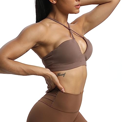 Aoxjox Women's Workout Sports Bras Jamie Deep V Fitness Backless Padded Training Gym Bra Yoga Crop Tank Top (Fudge Coffee, Medium)