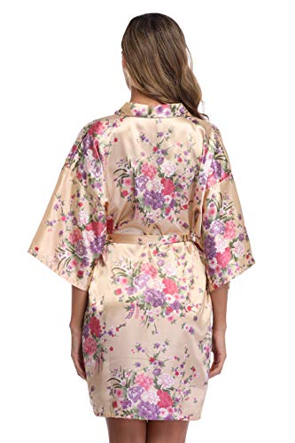 iFigure Women Floral Kimono Robe Satin Bridal Dressing Gown Bride Bridesmaid Robes Sleepwear, Champagne gold, S