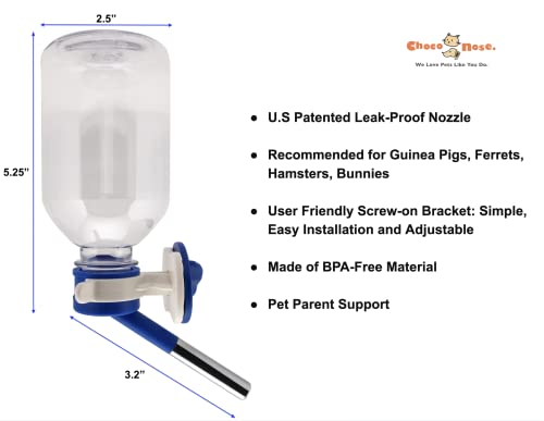 Choco Nose Patented No-Drip Water Bottle/Feeder for Guinea Pigs/Hamsters/Bunnies/Ferrets/Other Small Pets, Critters and Animals -for Cages, Crates or Wall Mount. 10.2 oz. Nozzle 10mm, Blue (C128)