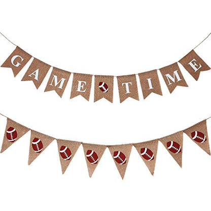 2 Pieces Football Game Time Banner Football Bunting Banner Sports Burlap Banner Rustic Football Decoration for Football Theme Baby Shower Gender Reveal Party