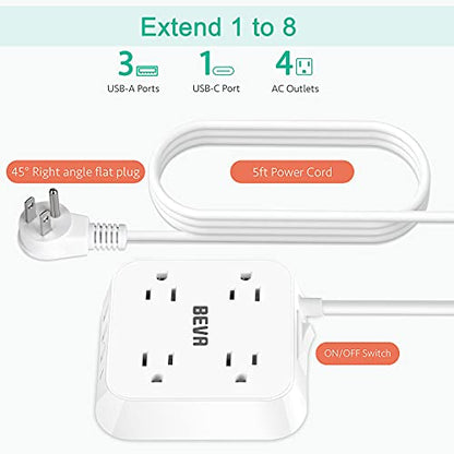 Power Strip with USB C, 4 Widely Spaced Outlets and 4 USB Ports 5 FT Extension Cord, BEVA Surge Protector Power Strip Mountable USB Power Strip 1250W/10A for College Essentials Dorm Room Essentials