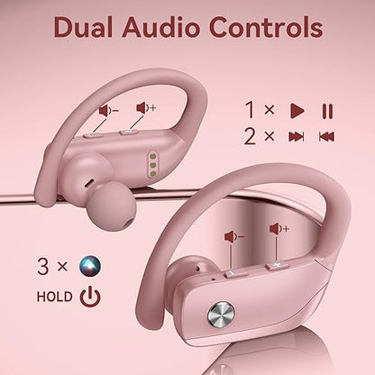 Wireless Earbuds Bluetooth Headphones 48hrs Play Back Sport Earphones with LED Display Over-Ear Buds with Earhooks Built-in Mic Headset for Workout Pink BMANI-VEAT00L