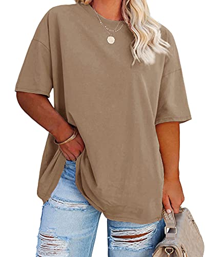 Fisoew Women's Plus Size T Shirts Oversized Tees Half Sleeve Crew Neck Cotton Tunic Tops Khaki