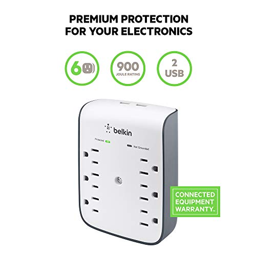 Belkin 6-Outlet Wall Surge Protector w/ 2 USB Ports - Wall Mountable w/ Premium Protection Against Surges - Safe Charge for Mobile Devices, Tablets, Small Appliances, & More - 900 Joules of Protection