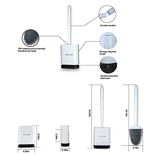 Sellemer Toilet Brush and Holder Set for Bathroom, Flexible Toilet Bowl Brush Head with Silicone Bristles, Compact Size for Storage and Organization, Ventilation Slots Base (1 Pack, White)