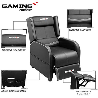 LEMBERI Gaming Recliner Chair for Adults, PU Leather Home Theater Seating Video Game Chairs for Living Room Ergonomic Racing Style Single Movie Gamer Lounge Sofa Grey